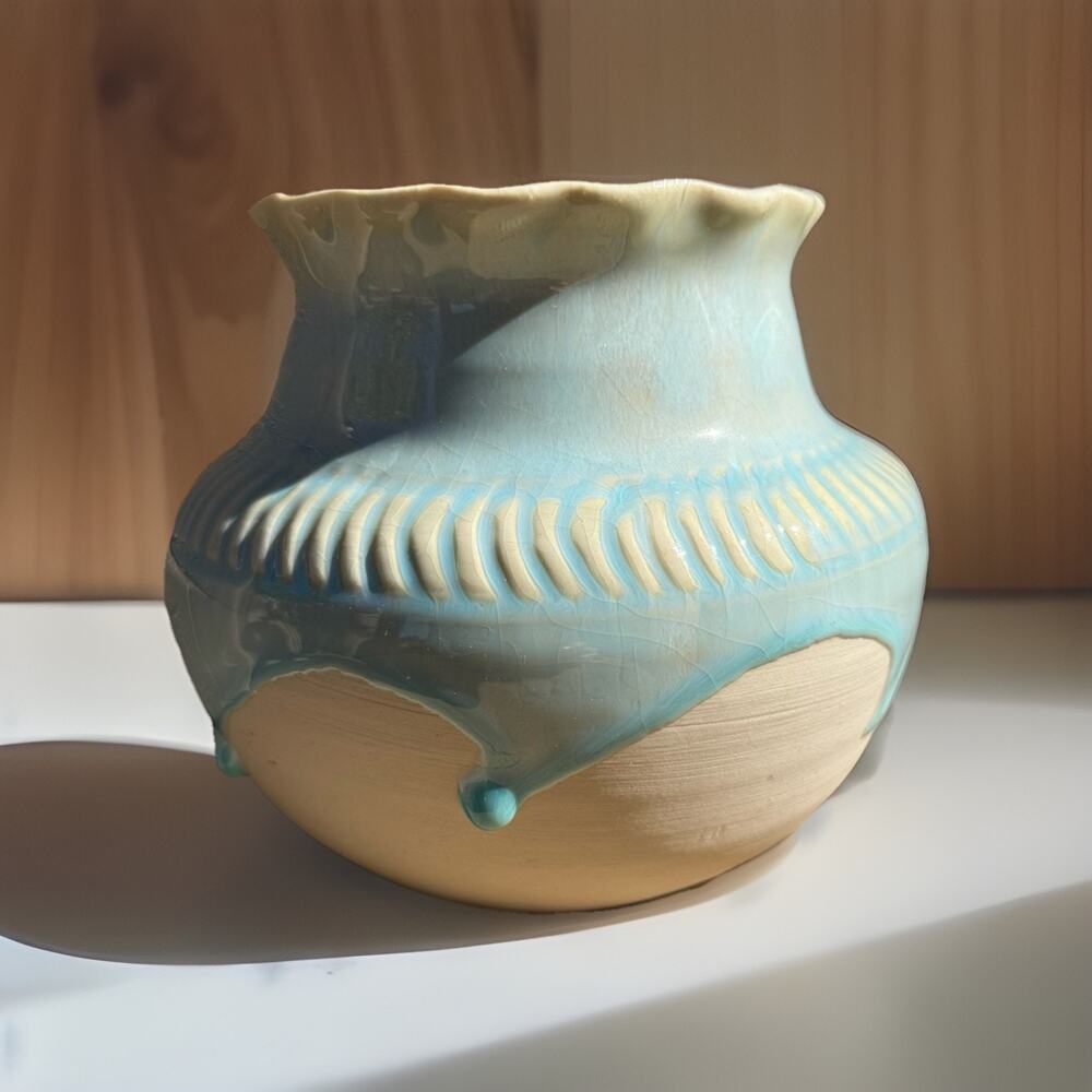 Vintage Studio Art Pottery Ceramic Vase Bowl Light Blue Drip Glaze Signed 3D